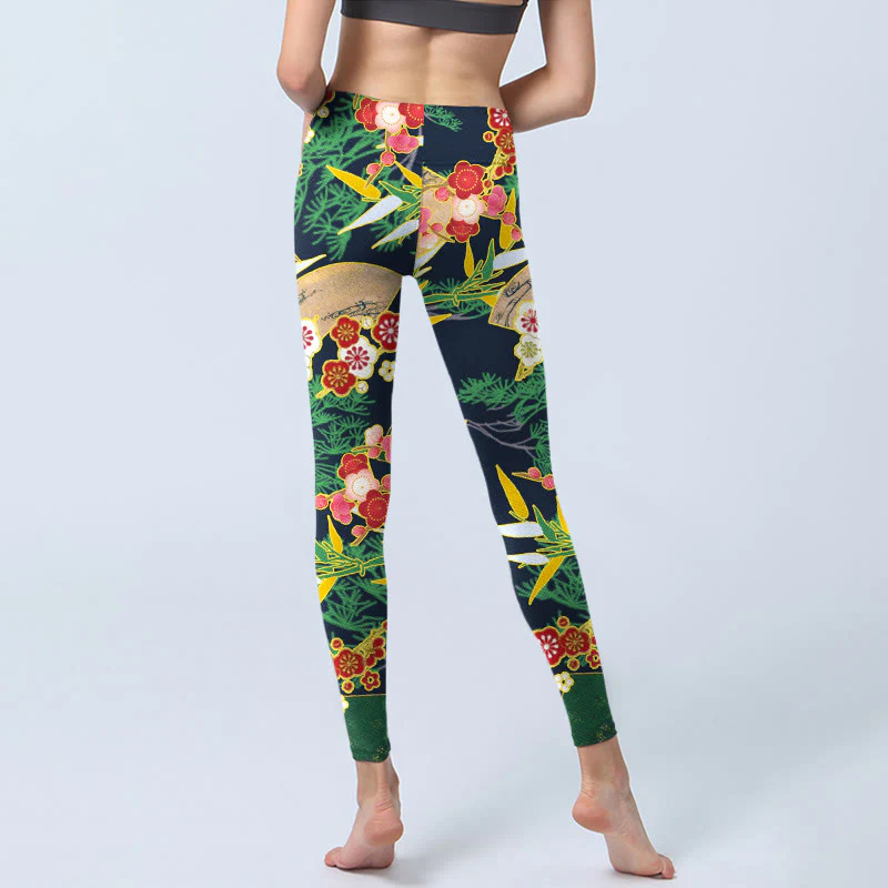 Buddha Stones Red Flowers Yellow-green Bamboo Pine Trees Print Gym Leggings Women's Yoga Pants
