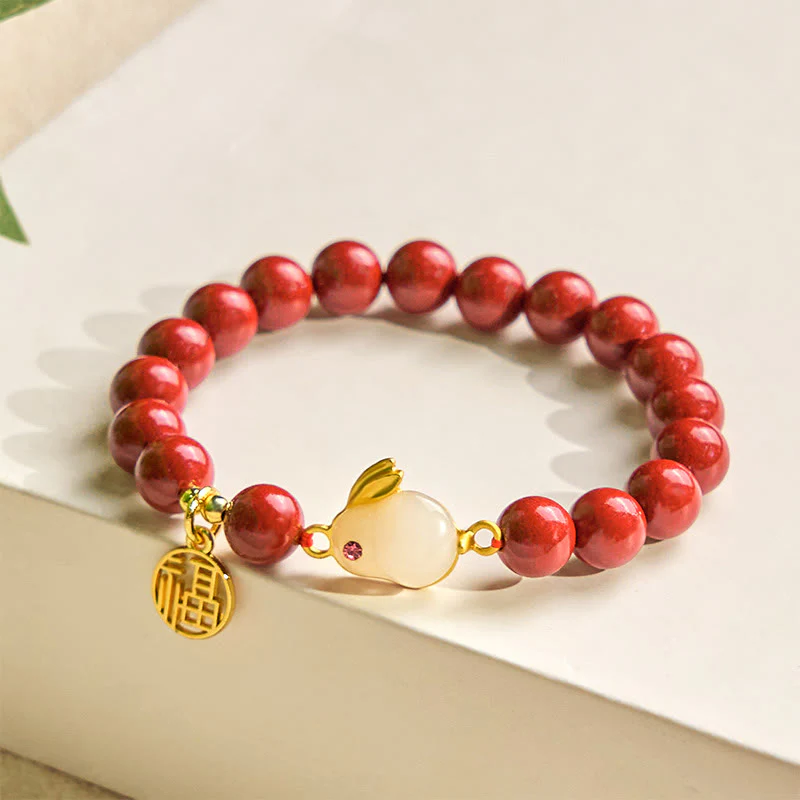 Buddha Stones Cinnabar Rabbit Bunny Fu Character Blessing Bracelet
