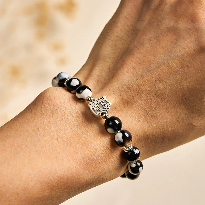Buddha Stones 925 Sterling Silver Black and White Cat Fire Agate Bead Love Bracelet