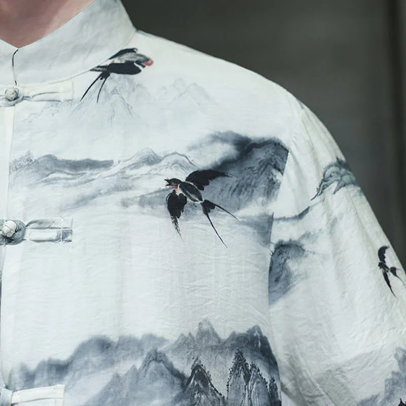 Buddha Stones Ink Painting Mountains Chinese Frog-Button Tang Suit Men's Half Sleeve Cotton Linen Shirt