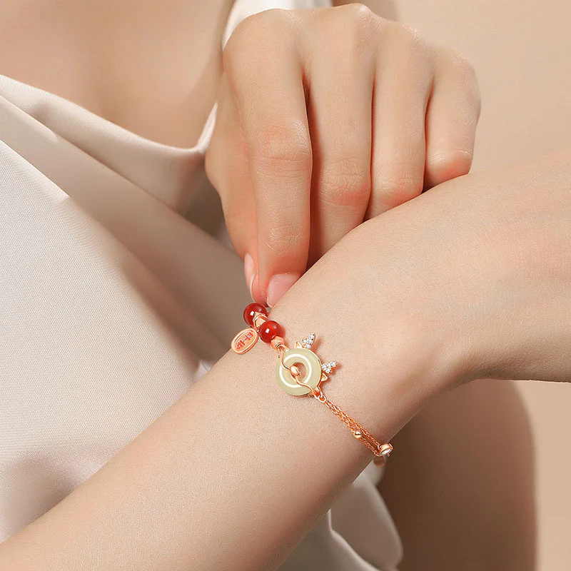 Buddha Stones 925 Sterling Silver Year of the Dragon Natural Red Agate Hetian Jade Peace Buckle Luck Success Bracelet (Extra 30% Off | USE CODE: FS30)