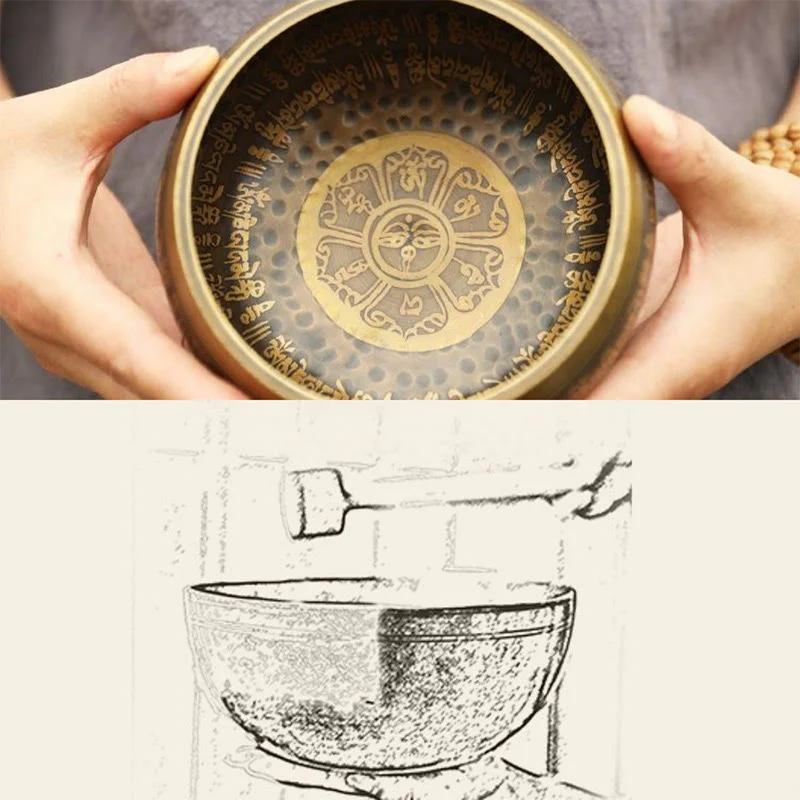 Buddha Stones Handmade Singing Bowl Scripture Sanskrit Pattern for Healing and Meditation Sound Bowl Set