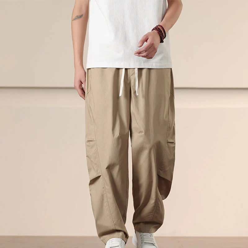 Buddha Stones Casual Vintage Solid Color Drawstring Men's Cargo Pants With Pockets