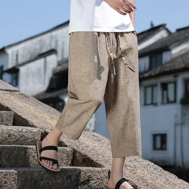 Buddha Stones Casual Woven Bead Waist Rope Men's 7-8 Length Spandex Pants With Pockets