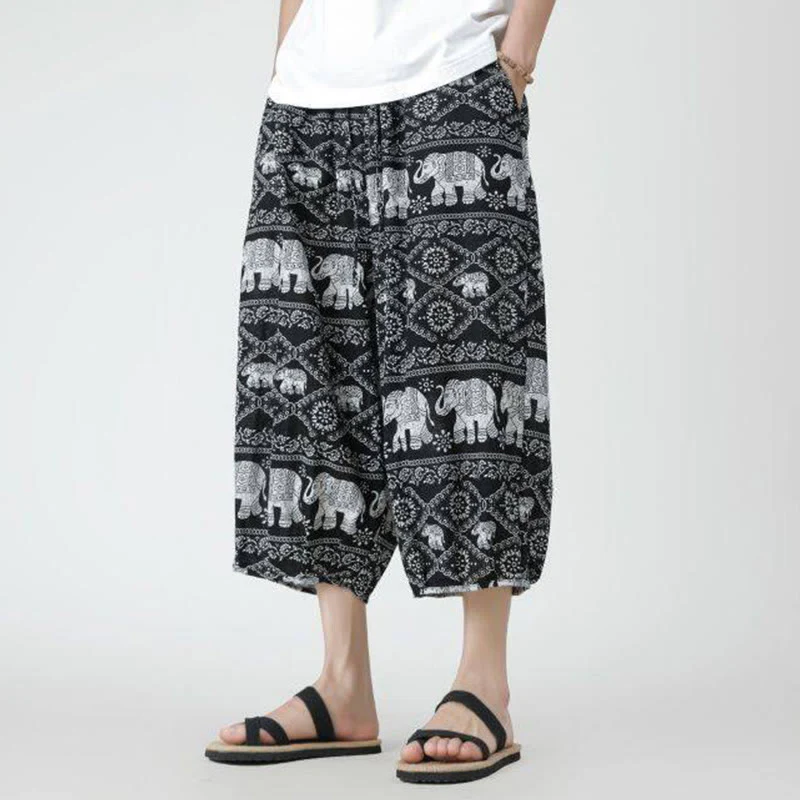 Buddha Stones Summer Square Patchwork Elephant Mandala Geometry Cotton Linen Men's 7-8 Length Pants With Pockets