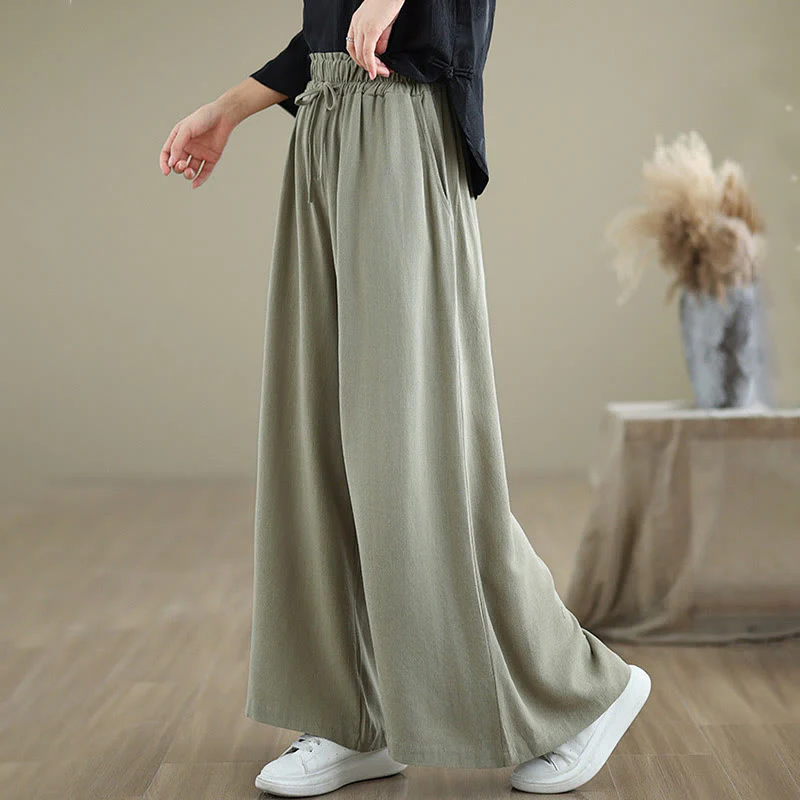 Buddha Stones Commute Plain Simple Lace-Up Design Women's Wide Leg Cotton Linen Pants With Pockets