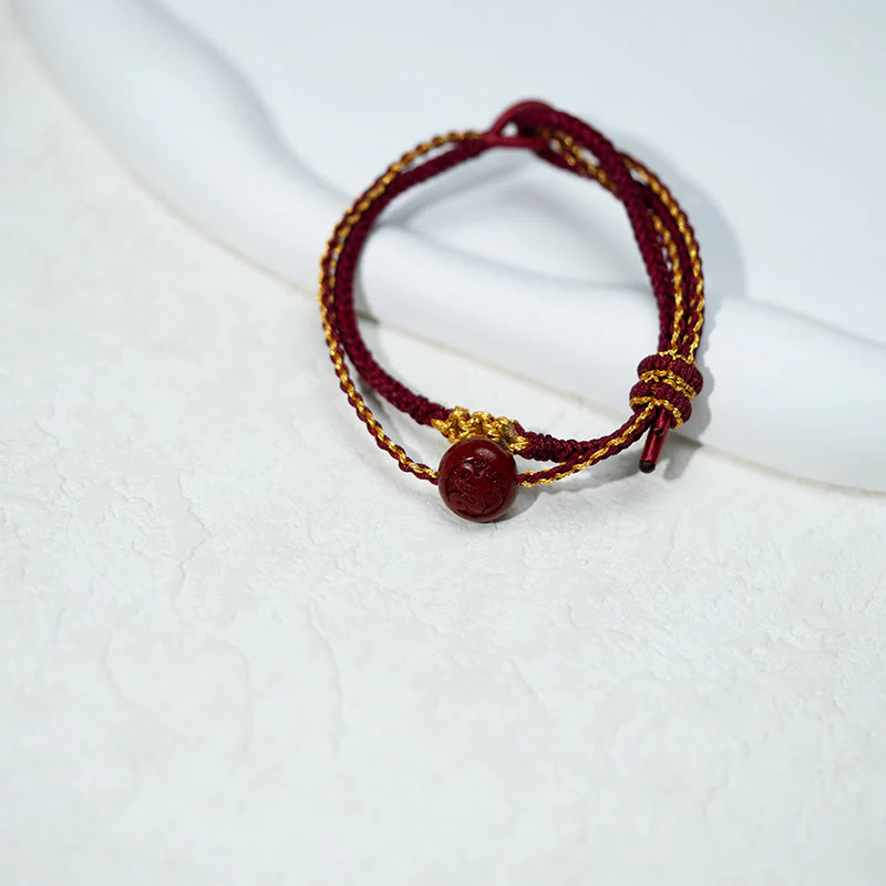 Buddha Stones Peach Blossom Knot Cinnabar Beads Eight-strand Braid Blessing Bracelet