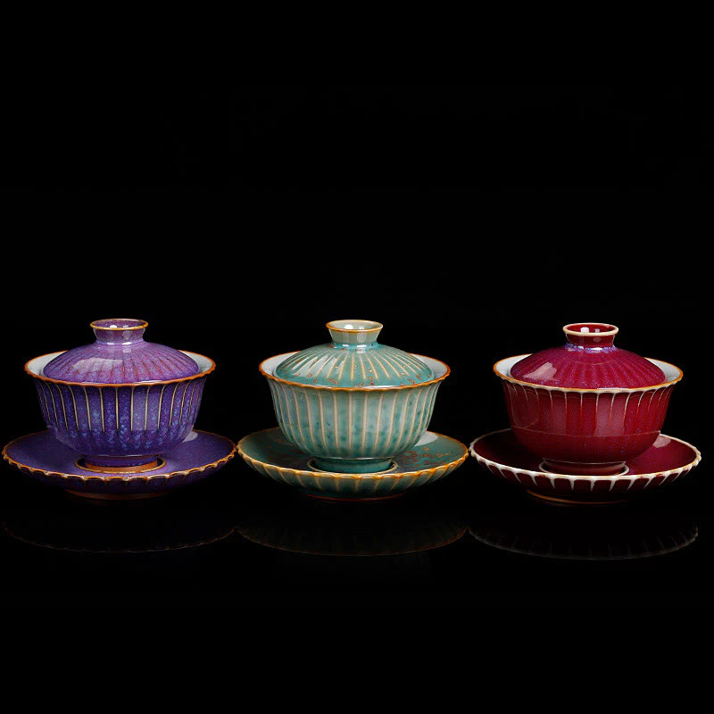 Buddha Stones Retro Glaze Kiln Change Ceramic Gaiwan Sancai Teacup Kung Fu Tea Cup And Saucer With Lid