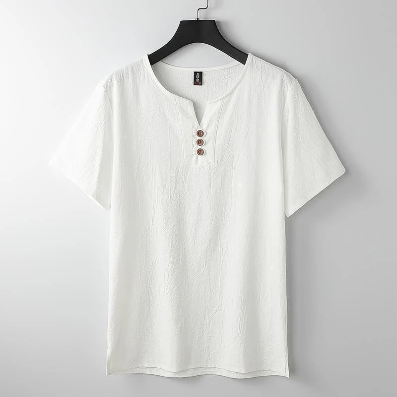 Buddha Stones Solid Color V-neck Three Top Buttons Short Sleeve Cotton linen Men's Shirt