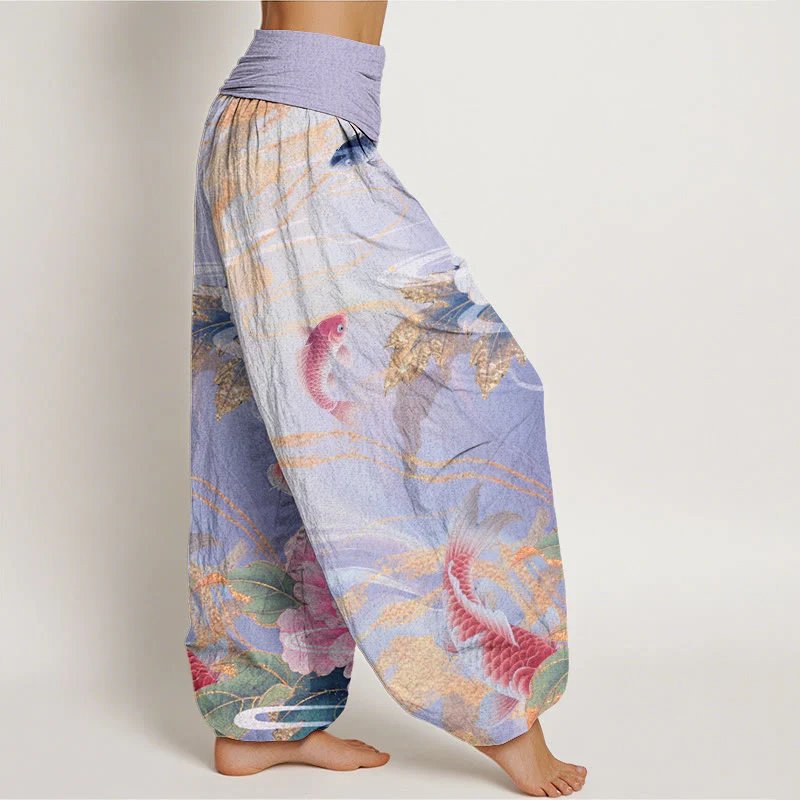 Buddha Stones Casual Peony Koi Fish Golden-Edged Leaves Pattern Women's Elastic Waist Harem Pants