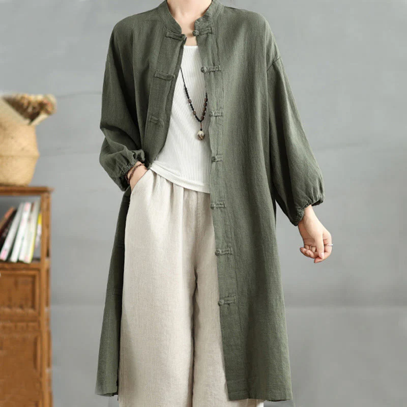 Buddha Stones Casual Frog-button Women's Cotton Linen Coat With Pockets