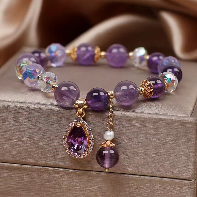 Buddha Stones Natural Amethyst Zircon Love Heart Healing Soul Charm Bracelet