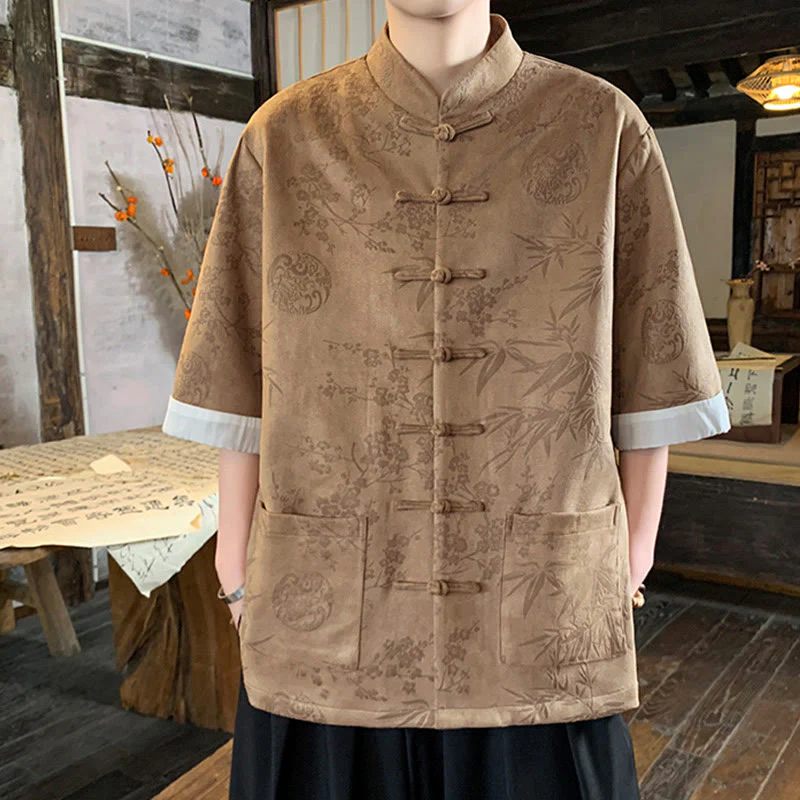 Buddha Stones Jacquard Bamboo Plum Bossom Pattern Chinese Frog-Button Design Men's Half Sleeve Cotton Shirt With Pockets