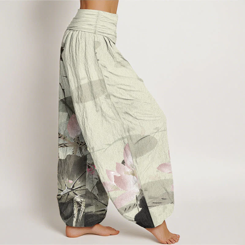 Buddha Stones Pure Cotton Pink Lotus Leaves Bird Pattern Women's Elastic Waist Harem Pants