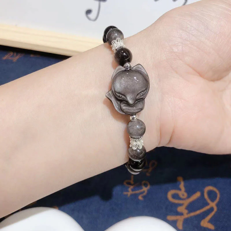 Buddha Stones Natural Silver Sheen Obsidian Nine Tailed Fox Communication Bracelet