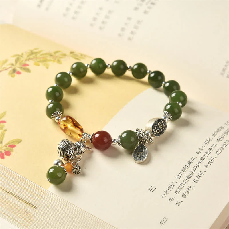 Buddha Stones 925 Sterling Silver Hetian Cyan Jade Gourd Amber Success Bracelet