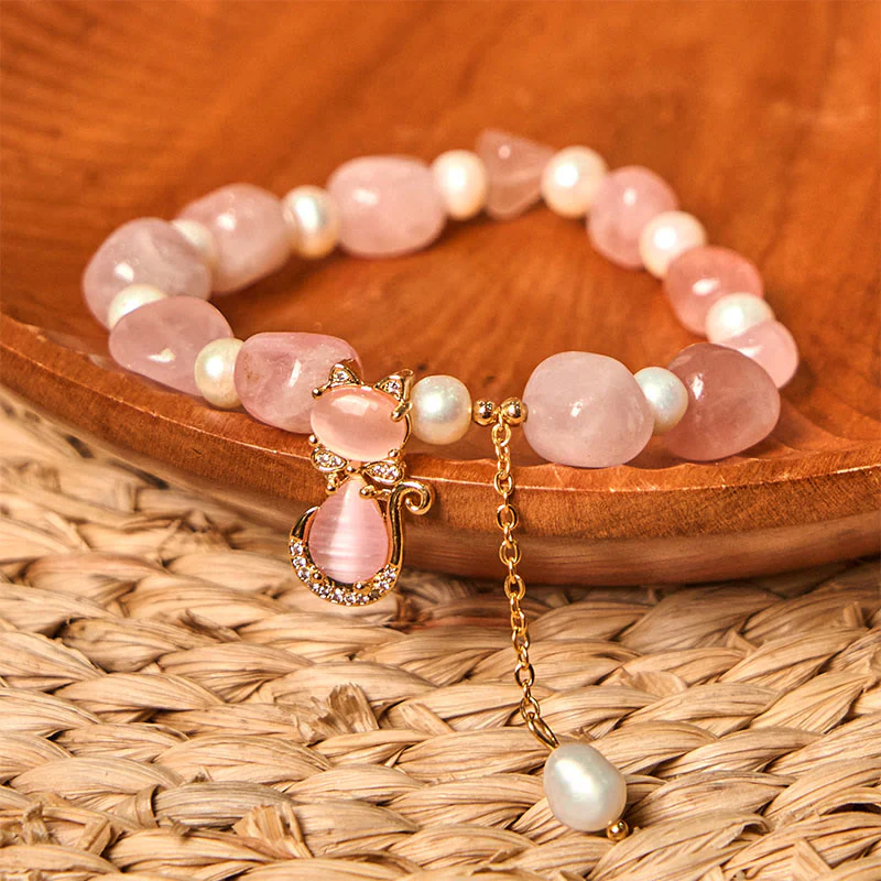 Buddha Stones Natural Strawberry Quartz Pearl Cat Positive Bracelet
