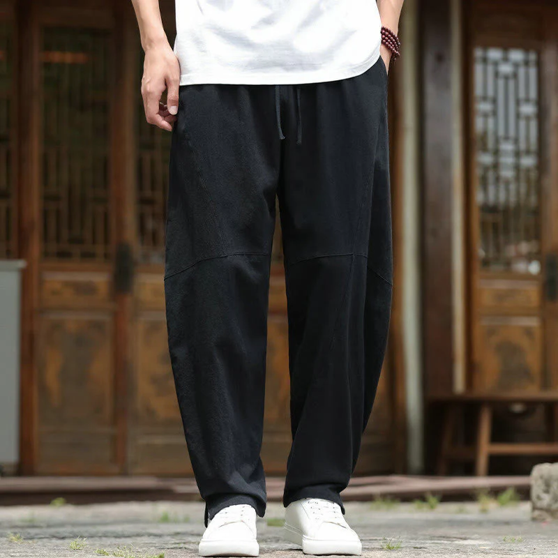 Buddha Stones Solid Drawstring Men's Elastic Waistband Cotton Linen Pants With Pockets
