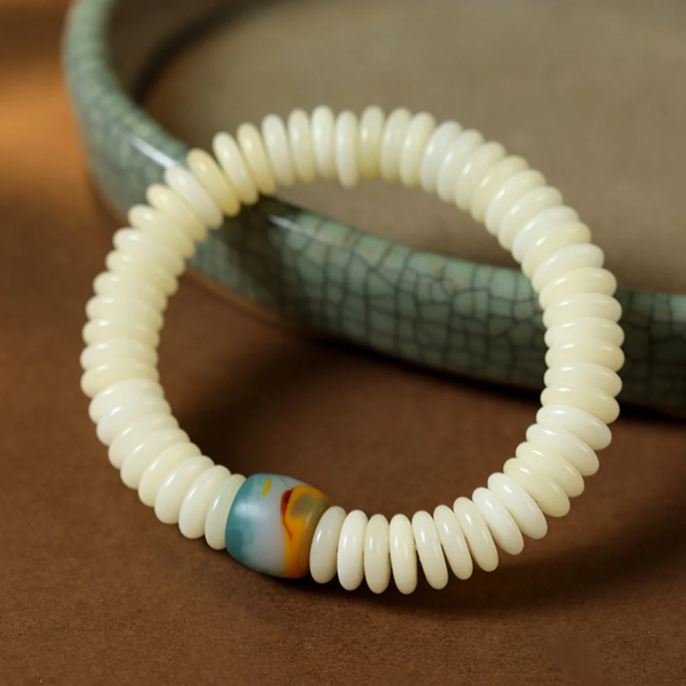 Buddha Stones Natural White Bodhi Seed Stone Wisdom Tassel Wrist Mala Bracelet