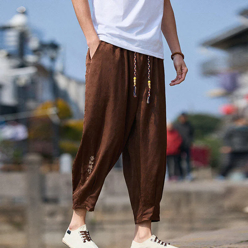 Buddha Stones Summer Character Embroidery Design Drawstring Men's 7-8 Length Pants With Pockets