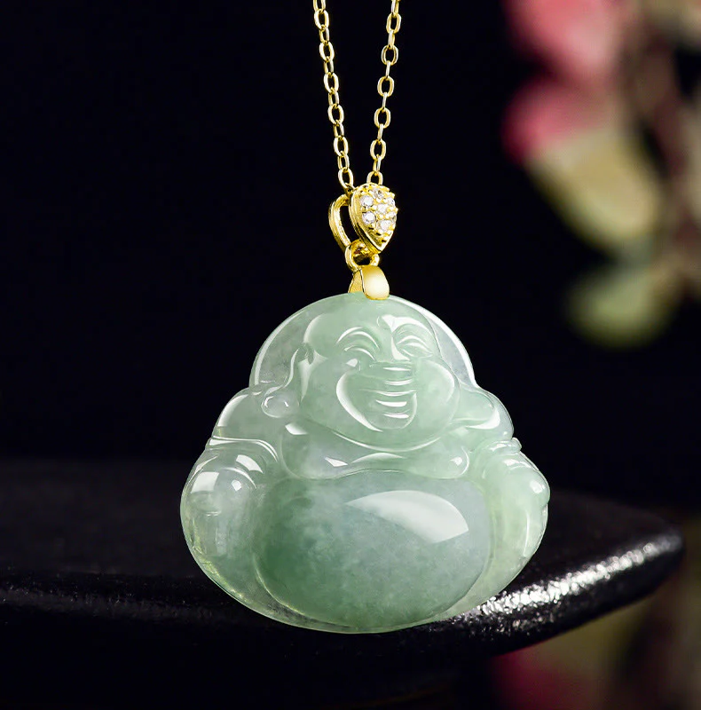 Buddha Stones 925 Sterling Silver Natural Jade Laughing Buddha Luck Prosperity Chain Necklace Pendant