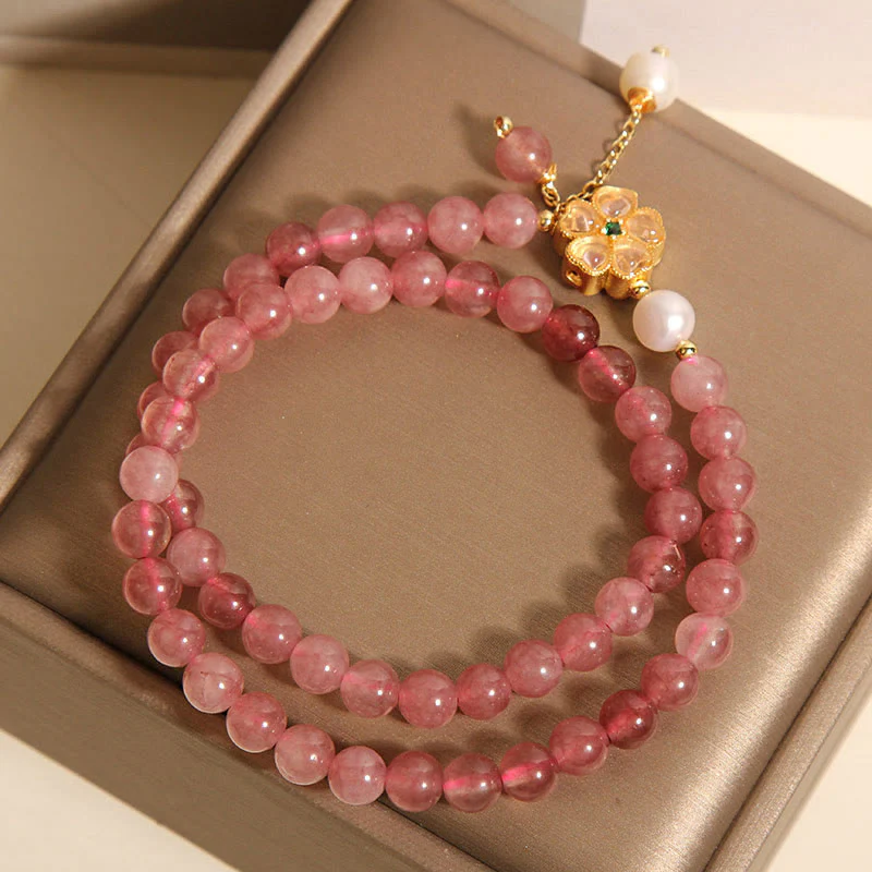 Buddha Stones Strawberry Quartz Four Leaf Clover Double Wrap Design Positive Bracelet