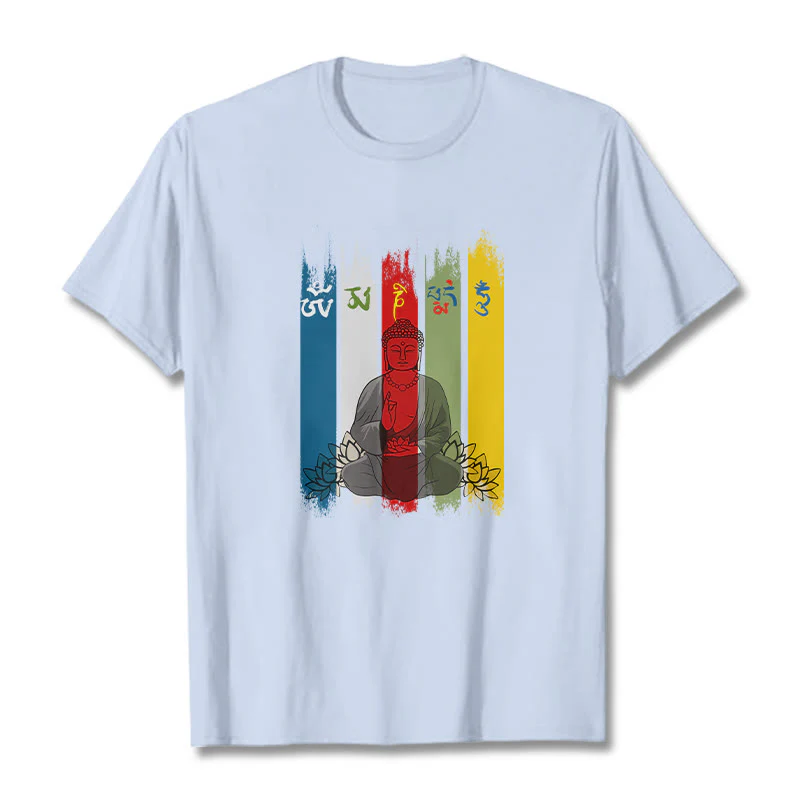 Buddha Stones Six True Words 'Om Mani Padme Hum' Buddha Sitting With Lotus Cotton Tee T-shirt