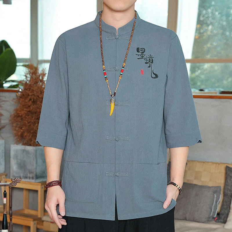 Buddha Stones Frog-Button Chinese Tang Suit Three Quarter Sleeve Cotton Linen Men's Shirt