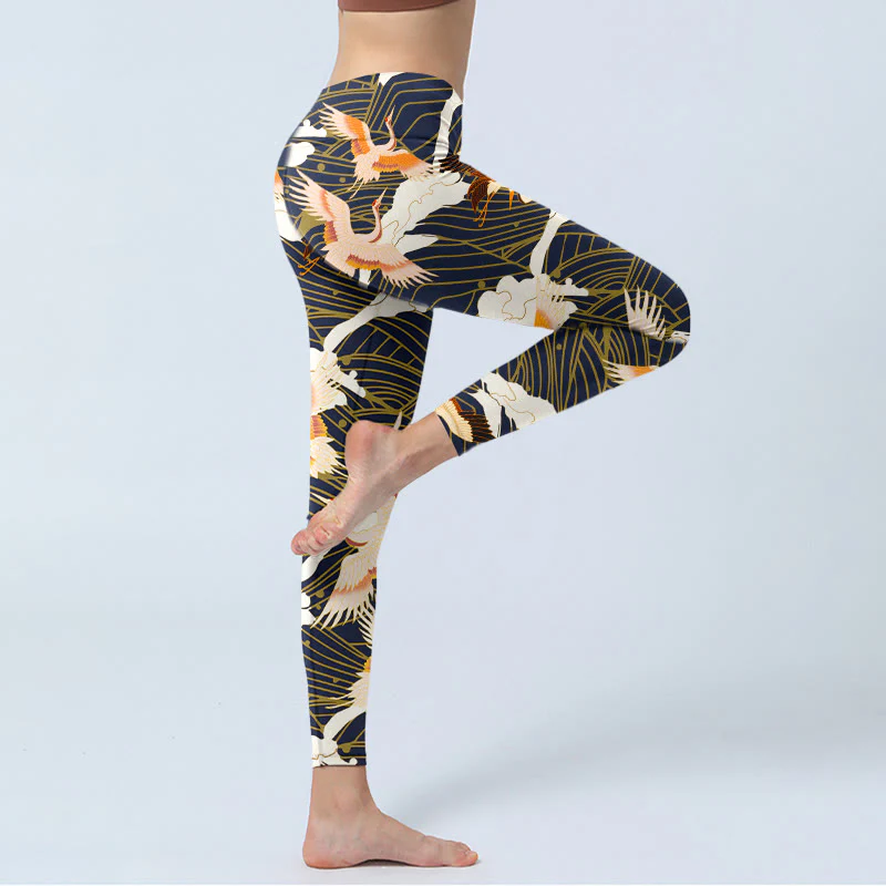 Buddha Stones Red-crowned Cranes Cloud Sea Wave Pattern Print Gym Leggings Women's Yoga Pants