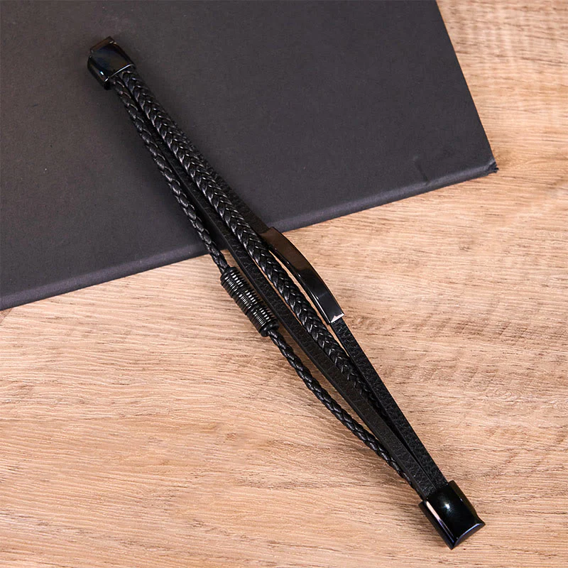 Buddha Stones Fashion Titanium Steel Leather Hand Woven Magnetic Buckle Strengthen Bracelet