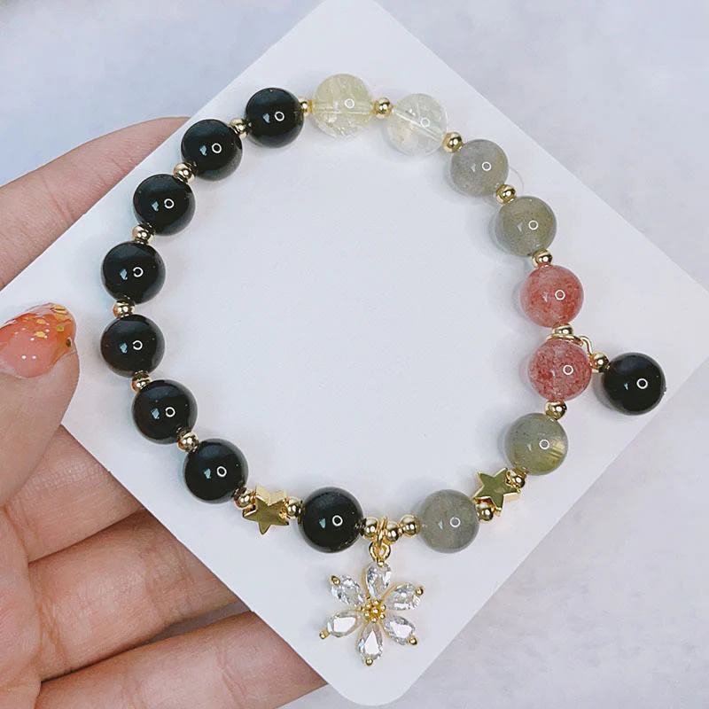 Buddha Stones Natural Silver Sheen Obsidian Love Heart Star Flower Protection Bracelet (Extra 30% Off | USE CODE: FS30)