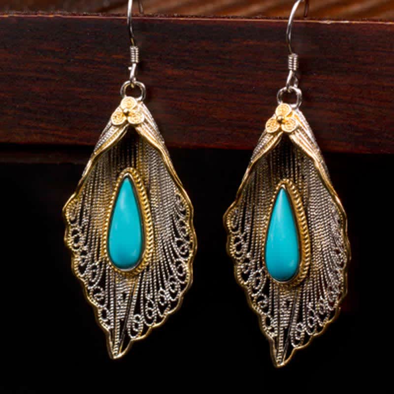 Buddha Stones 925 Sterling Silver Turquoise Bodhi Leaf Pattern Protection Drop Dangle Earrings