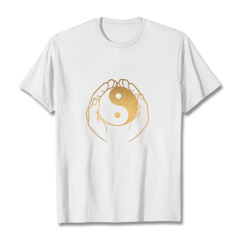 Buddha Stones Hands Holding A Golden Yin Yang Tee T-shirt