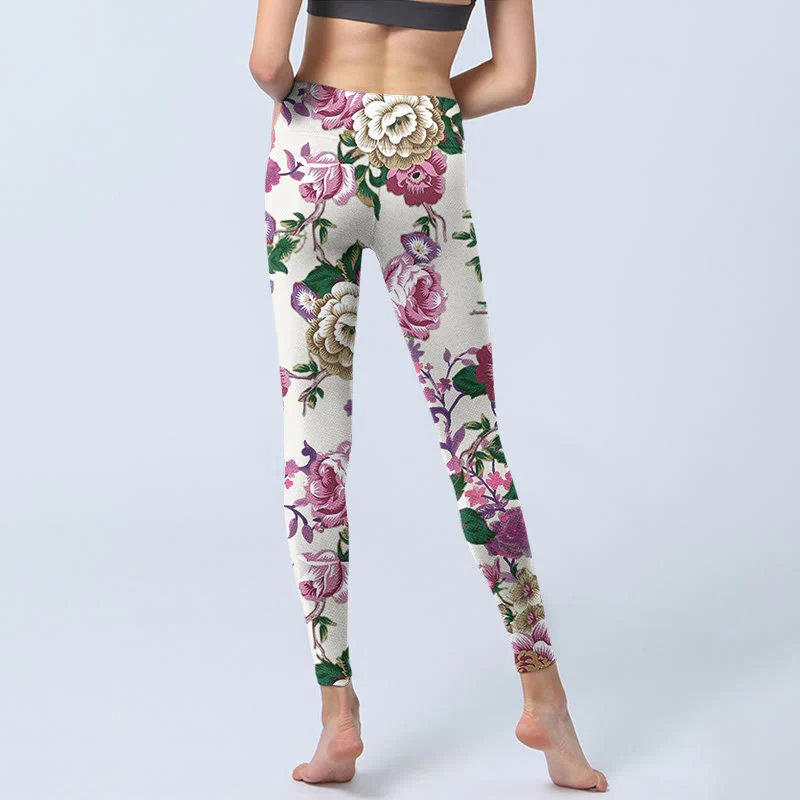 Buddha Stones Red White Peony Flower Print Sports Leggings Women's Yoga Pants
