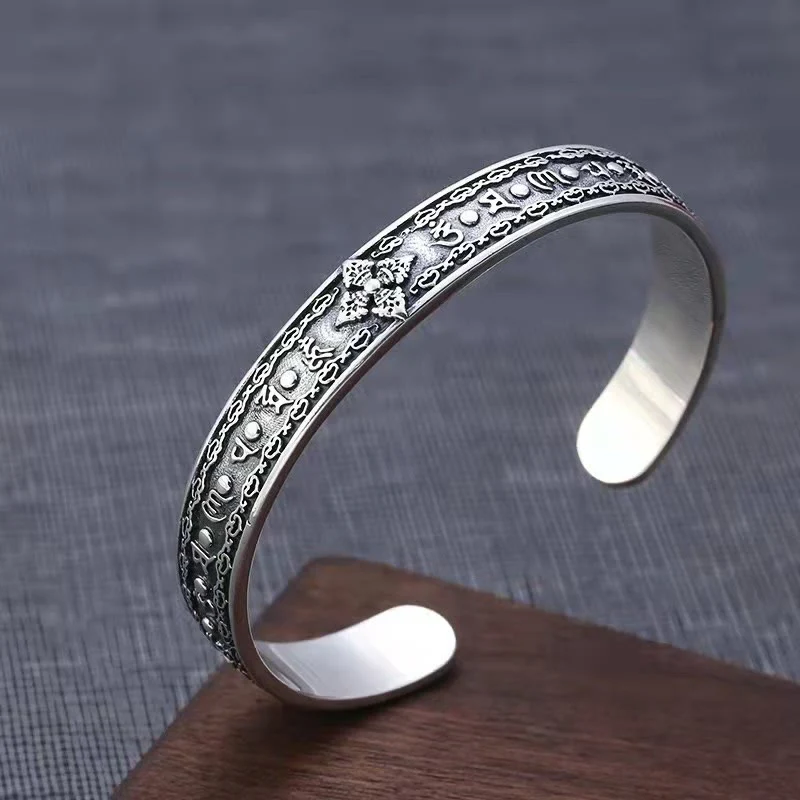 Buddha Stones 925 Sterling Silver Om Mani Padme Hum Double Dorje Engraved Wisdom Cuff Bracelet Bangle