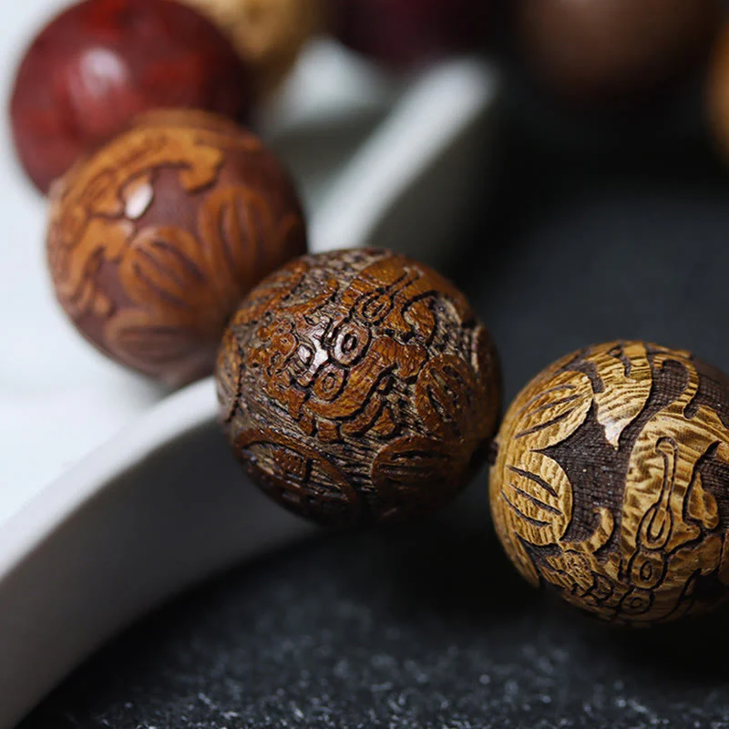 Buddha Stones Carving Sandalwood Chinese Zodiac Auspicious Dragon Phoenix Fu Character Healing Bracelet