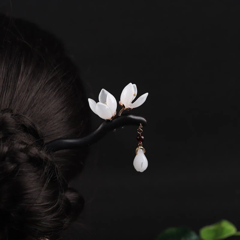 Buddha Stones Ebony Magnolia Flower Petals Blessing Hairpin