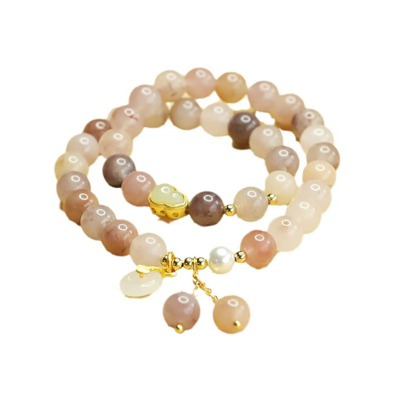 Buddha Stones Natural Golden Silk Jade Double Layer Gourd Peace Buckle Luck Bracelet