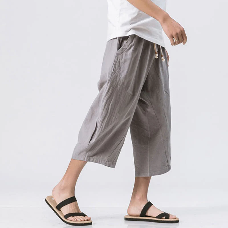 Buddha Stones Summer Casual Simple Plain Design 7-8 Length Men's Cotton Linen Drawstring Pants With Pockets