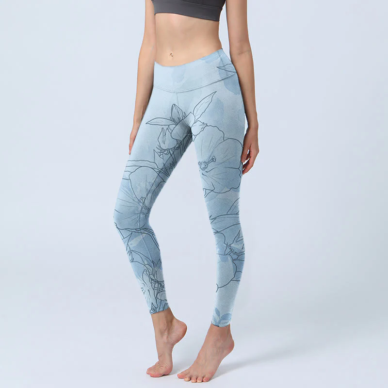 Buddha Stones Blue Flower Sketch Print Sports Leggings Women's Yoga Pants