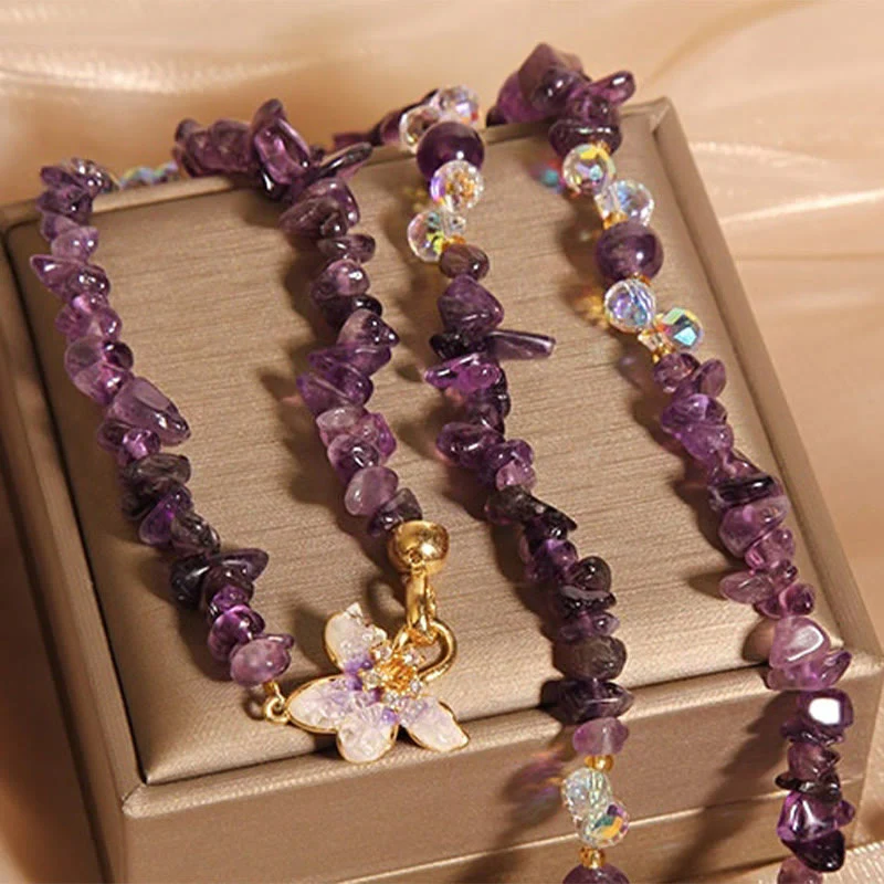 Buddha Stones Butterfly Flower Amethyst Strawberry Quartz Balance Necklace Pendant