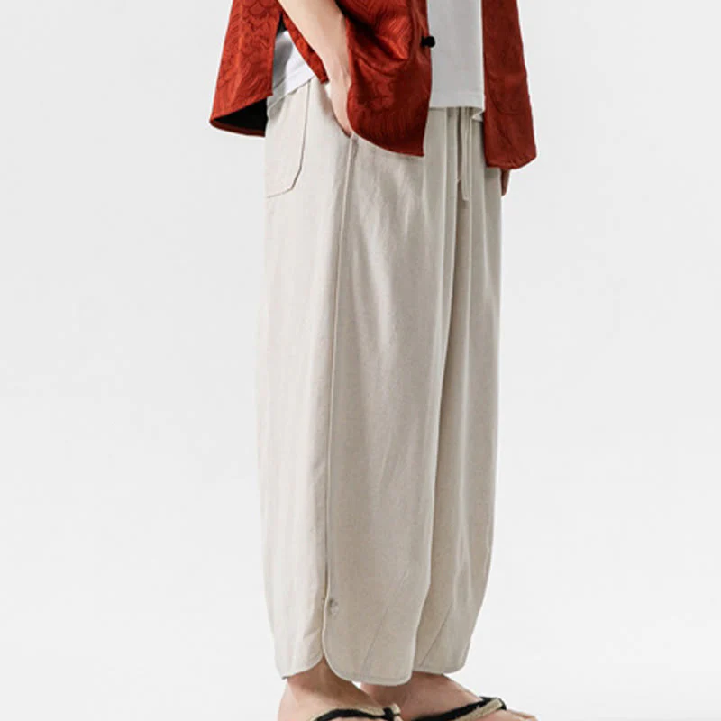 Buddha Stones Casual Loose Frog-Button Plain Men's Cotton Linen 7-8 Length Pants With Pockets