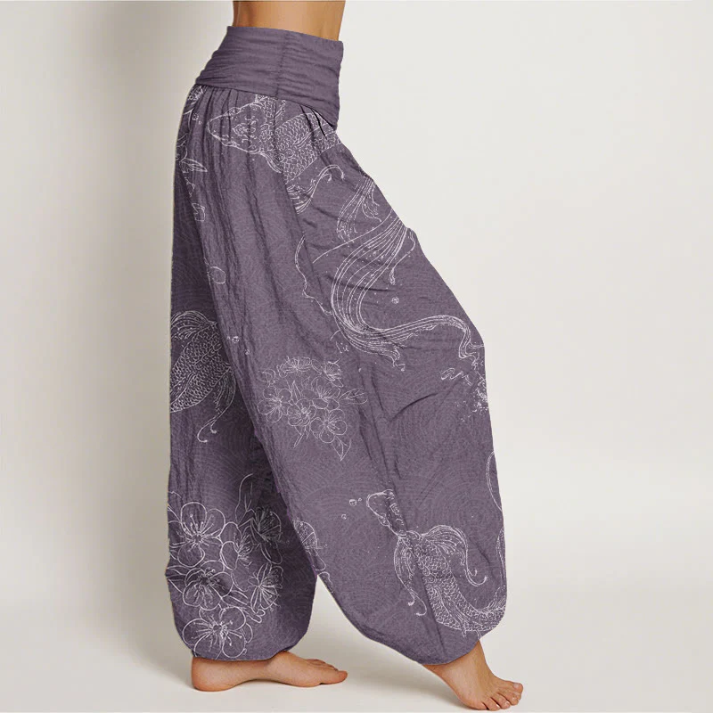 Buddha Stones Pure Cotton Koi Fish Floral Pattern Women's Elastic Waist Harem Pants