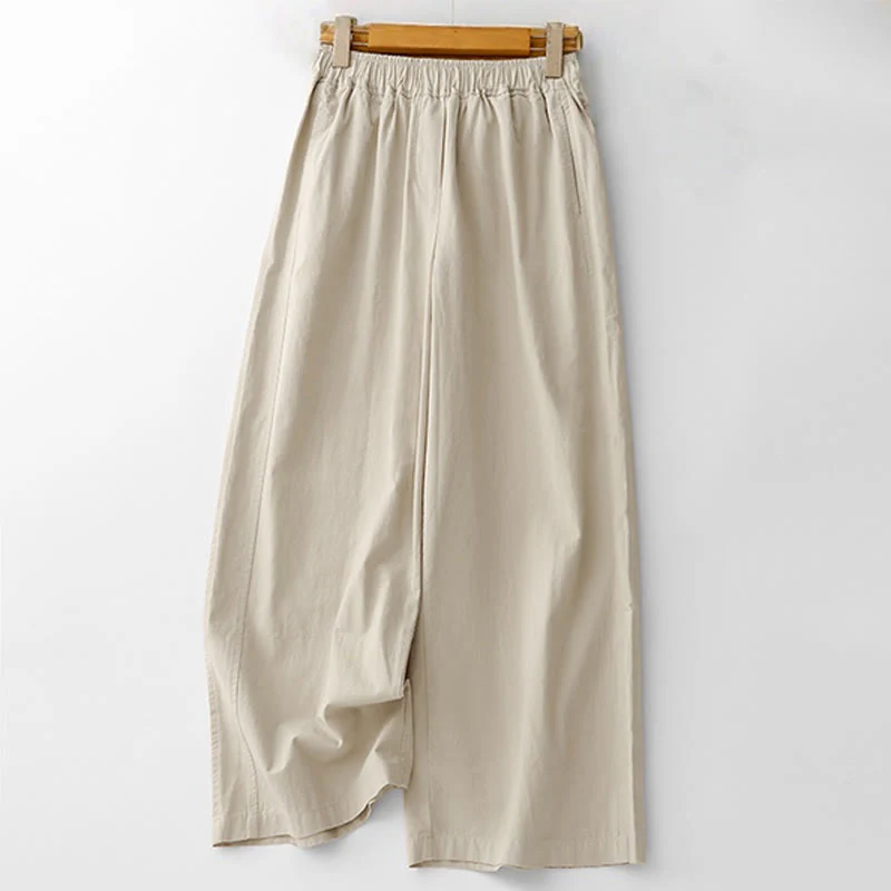 Buddha Stones Spring Commute Solid Color High Waist Women's Wide Leg Cotton Linen Pants With Pockets