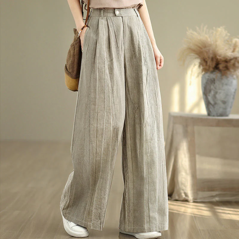 Buddha Stones Casual Tan Women's Cotton Elastic Waist Wide Leg Pants With Pockets