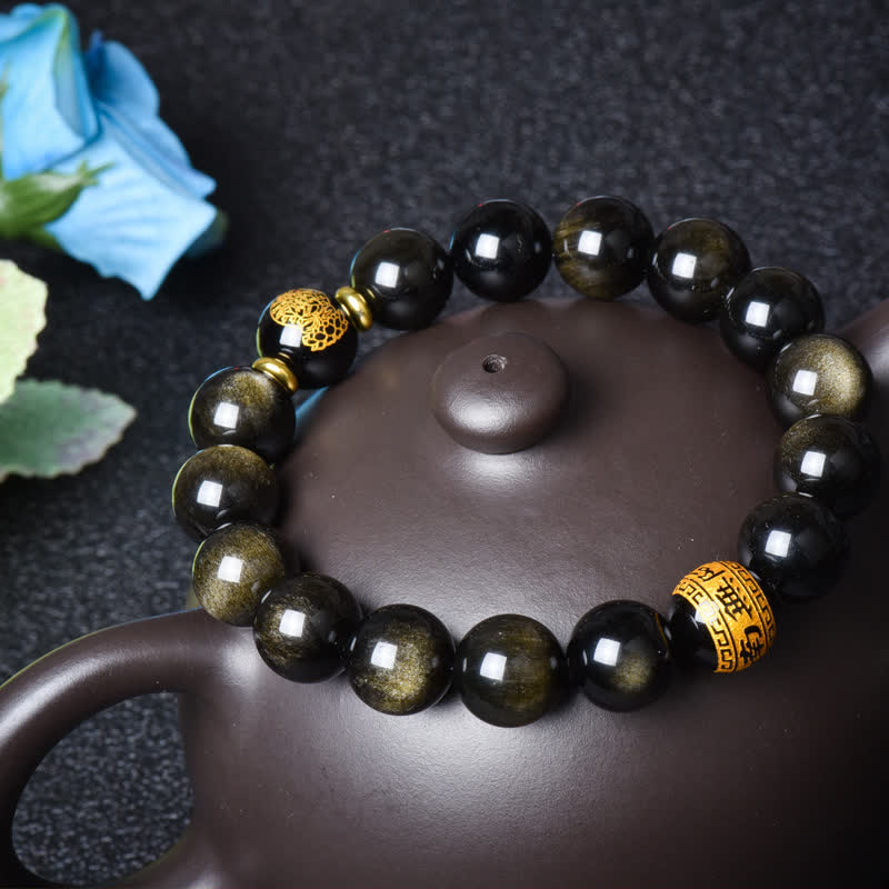 Buddha Stones Chinese Zodiac Natal Buddha Gold Sheen Obsidian Wealth Protection Bracelet