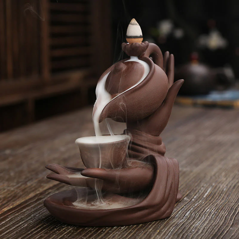 Buddha Stones Buddha Hand Holding Teapot Cup Ceramic Backflow Smoke Fountain Healing Incense Burner Decoration