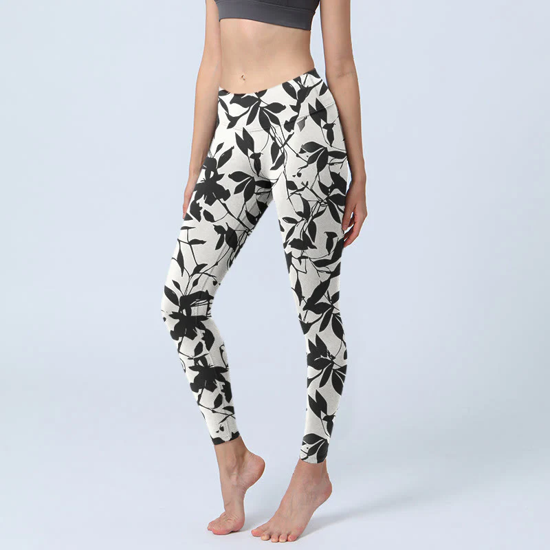 Buddha Stones Black Leaves Print Gym Leggings Women's Yoga Pants
