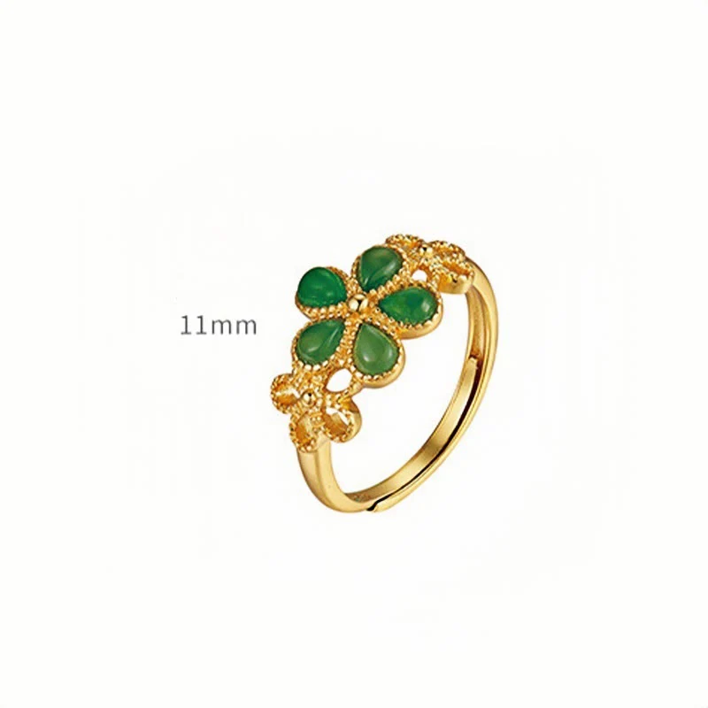 Buddha Stones Natural Hetian Jade 925 Sterling Silver Plated Gold Flower Adjustable Prosperity Ring