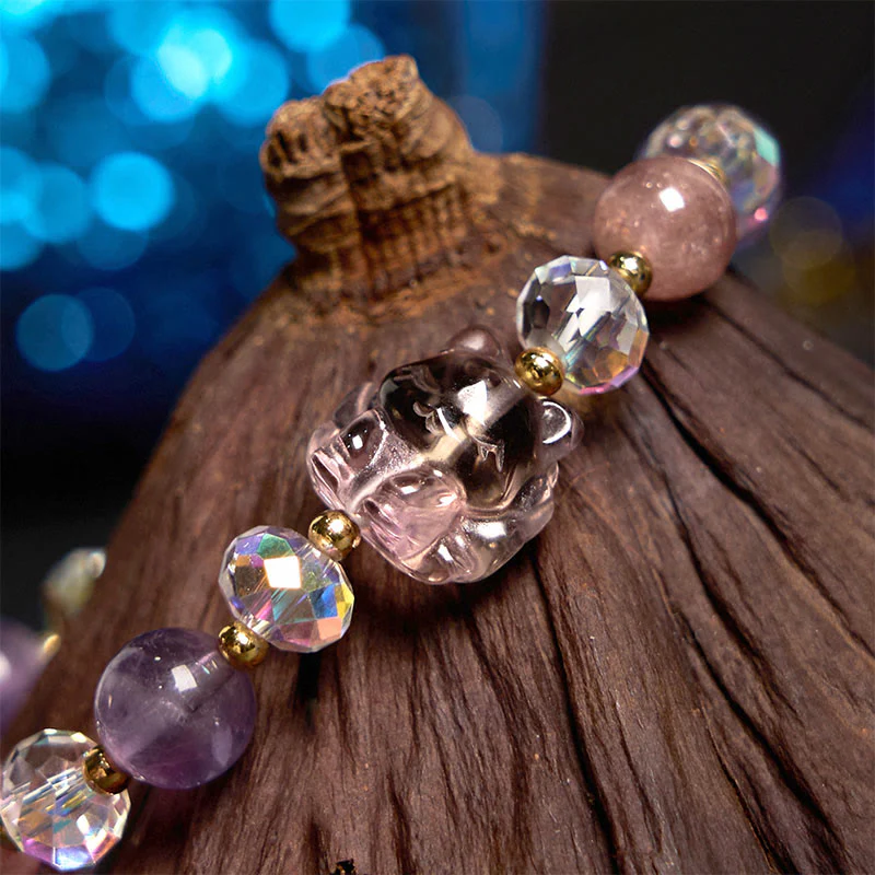 Buddha Stones Amethyst Strawberry Quartz White Crystal Nine Tailed Fox Meditation Bracelet